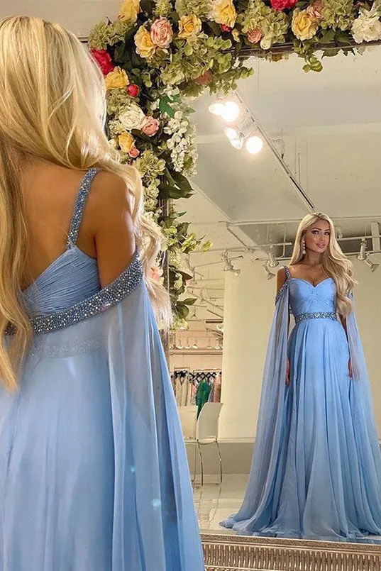 Sky Blue A Line Chiffon Long Prom Dress Beading Evening Dress OK1254