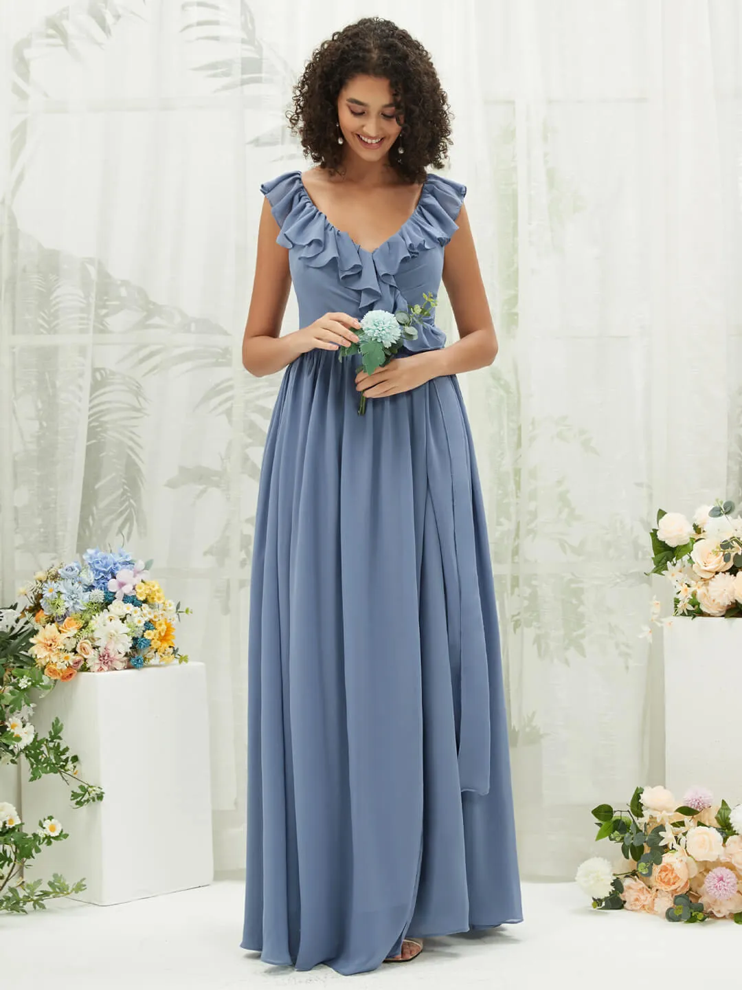 Slate Blue Chiffon Ruffle Cross Straps V-Neck Wrap Bridesmaid Dress