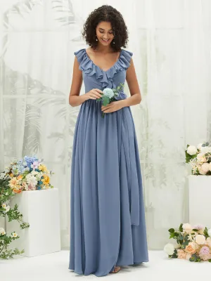 Slate Blue Chiffon Ruffle Cross Straps V-Neck Wrap Bridesmaid Dress