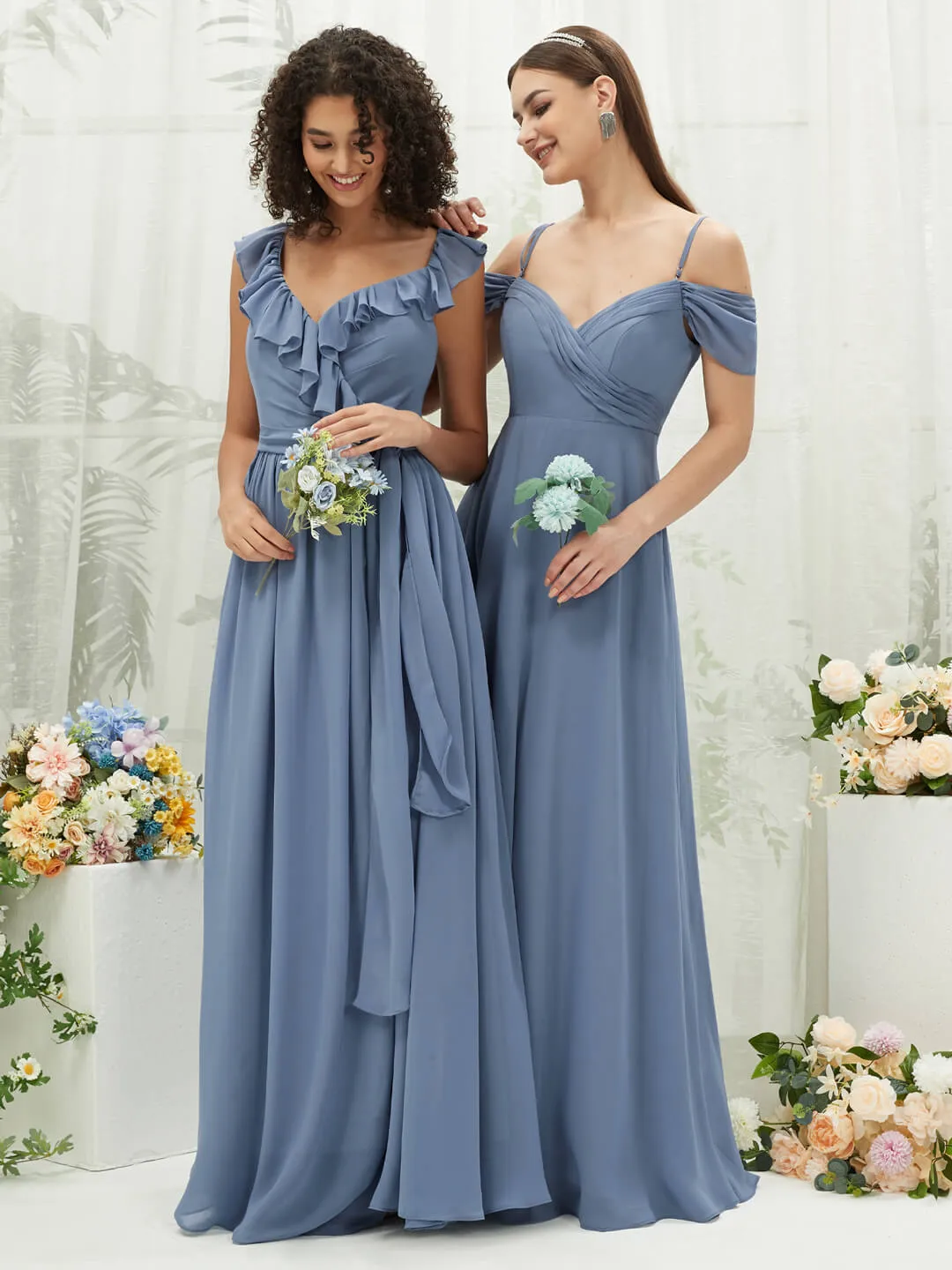 Slate Blue Chiffon Ruffle Cross Straps V-Neck Wrap Bridesmaid Dress