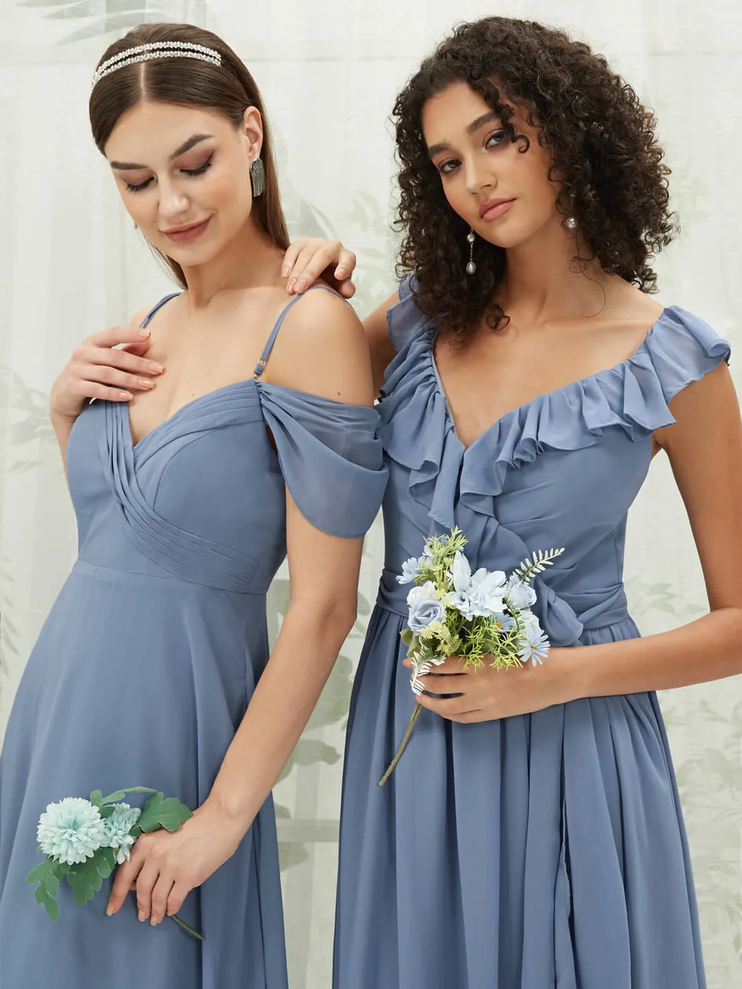 Slate Blue Chiffon Ruffle Cross Straps V-Neck Wrap Bridesmaid Dress