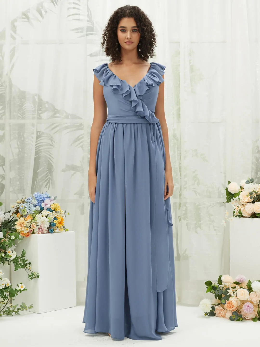 Slate Blue Chiffon Ruffle Cross Straps V-Neck Wrap Bridesmaid Dress