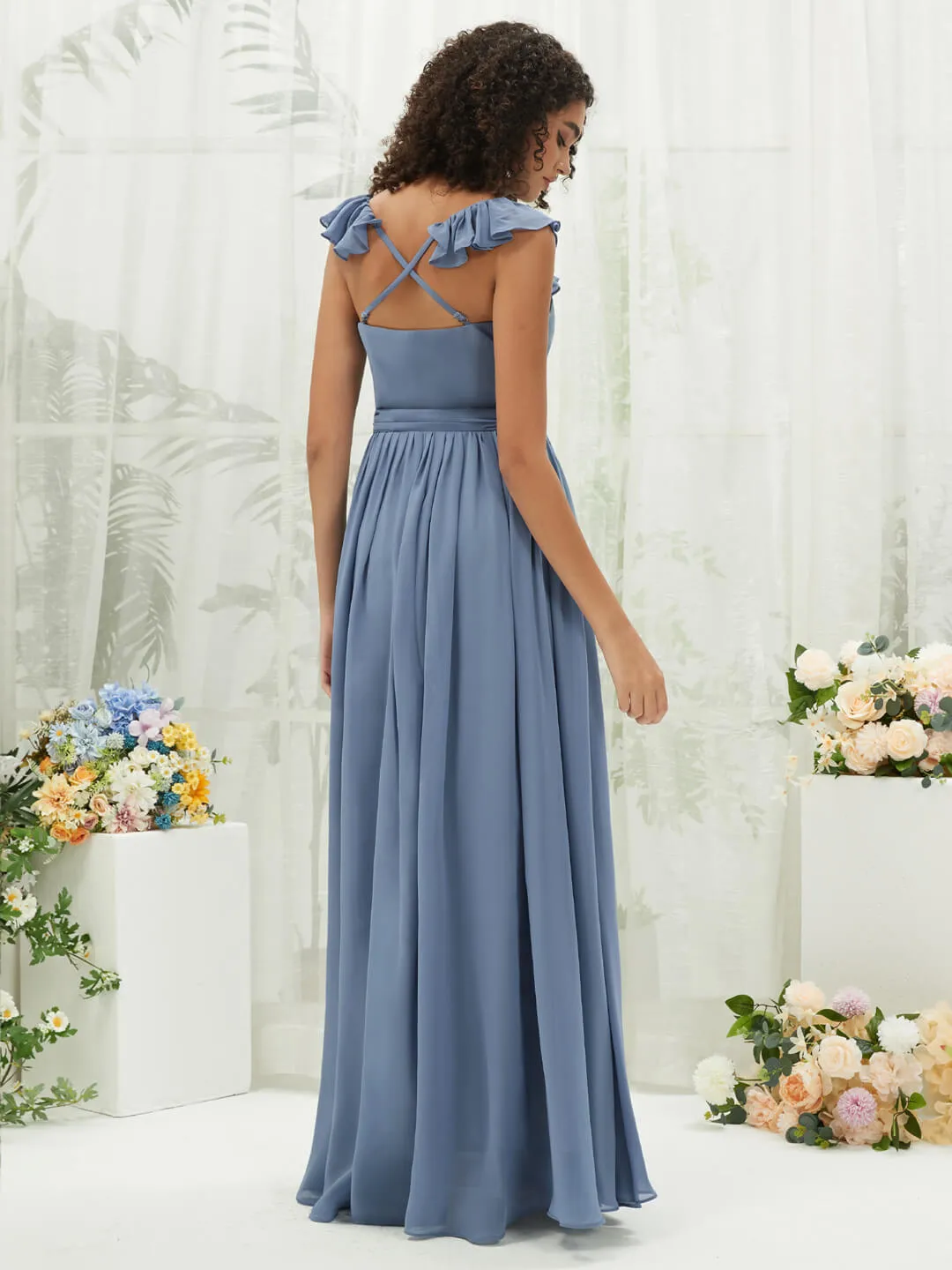 Slate Blue Chiffon Ruffle Cross Straps V-Neck Wrap Bridesmaid Dress