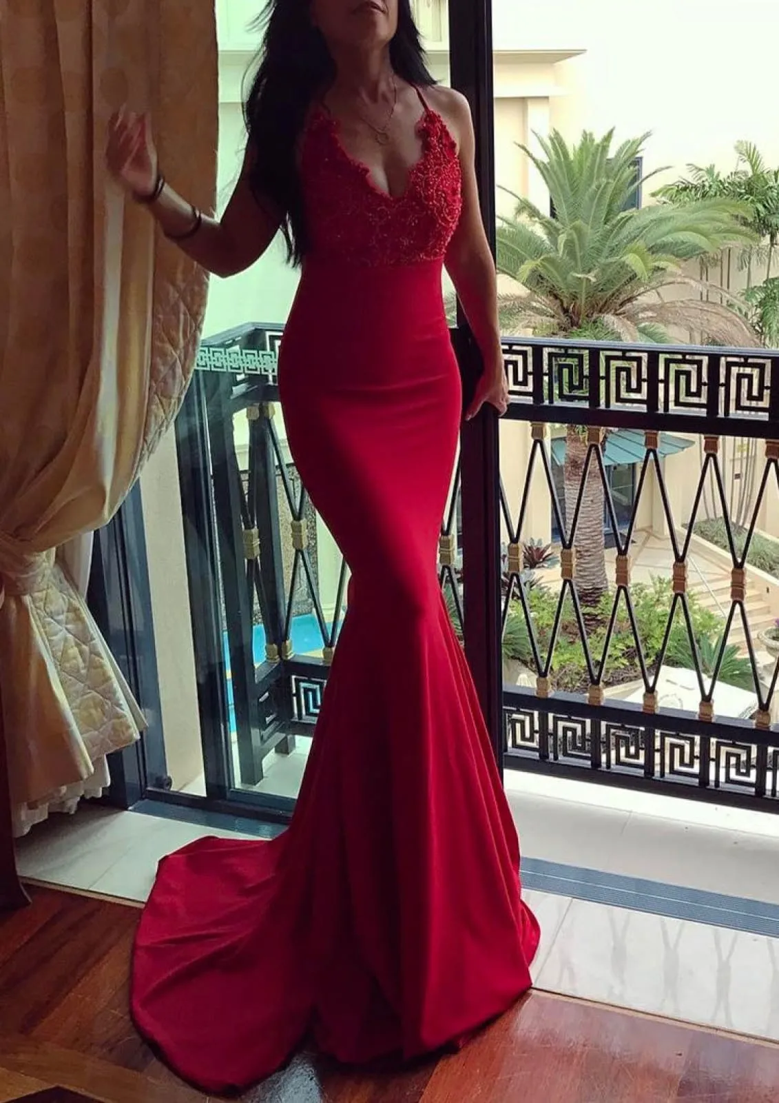 Sleeveless Court Red Elastic Satin Formal Mermaid Evening Dress, Lace
