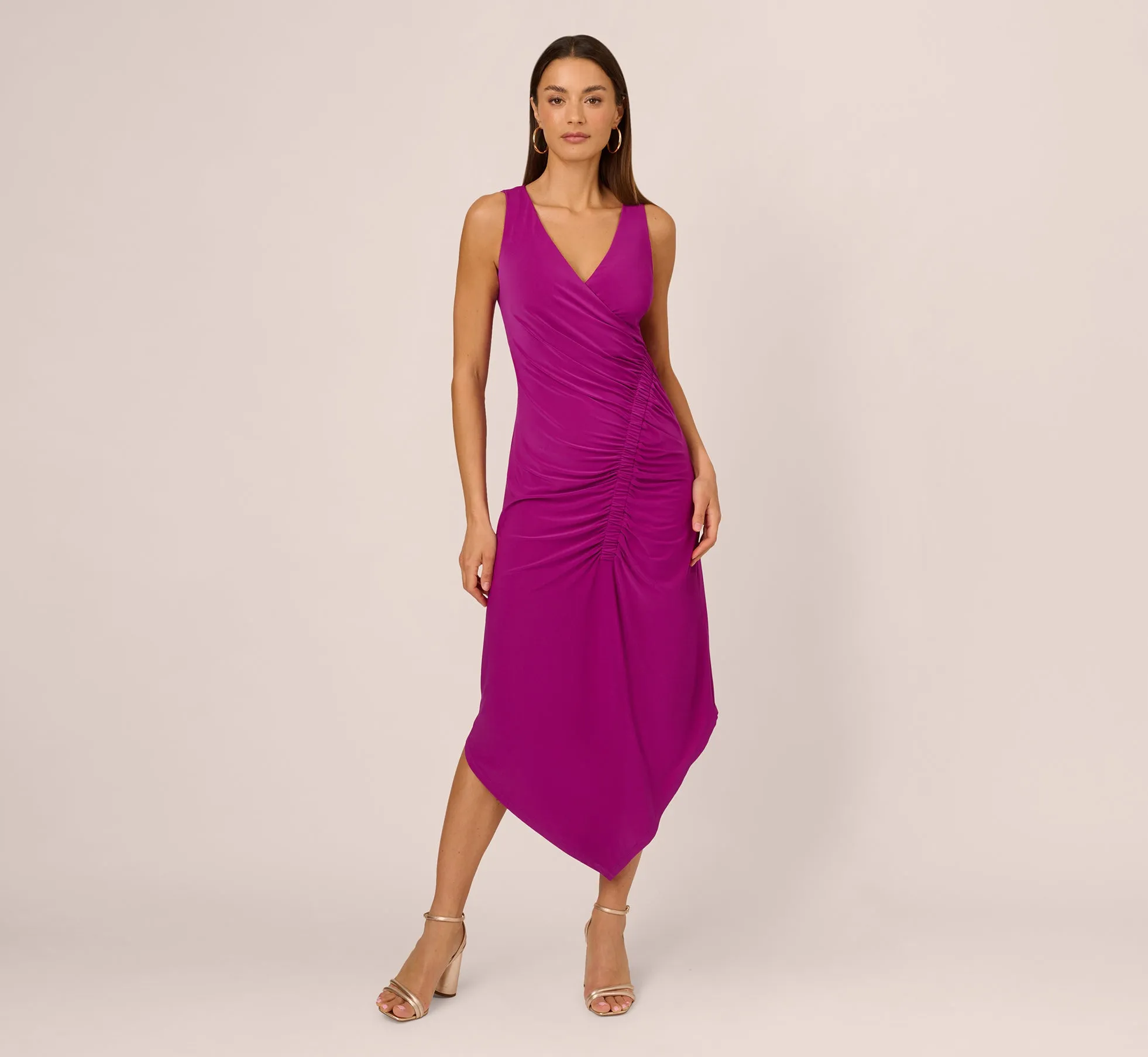 Sleeveless Shirred Jersey Midi Dress With Asymmetrical Hem In Wild Magenta
