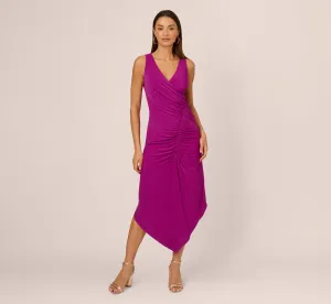 Sleeveless Shirred Jersey Midi Dress With Asymmetrical Hem In Wild Magenta