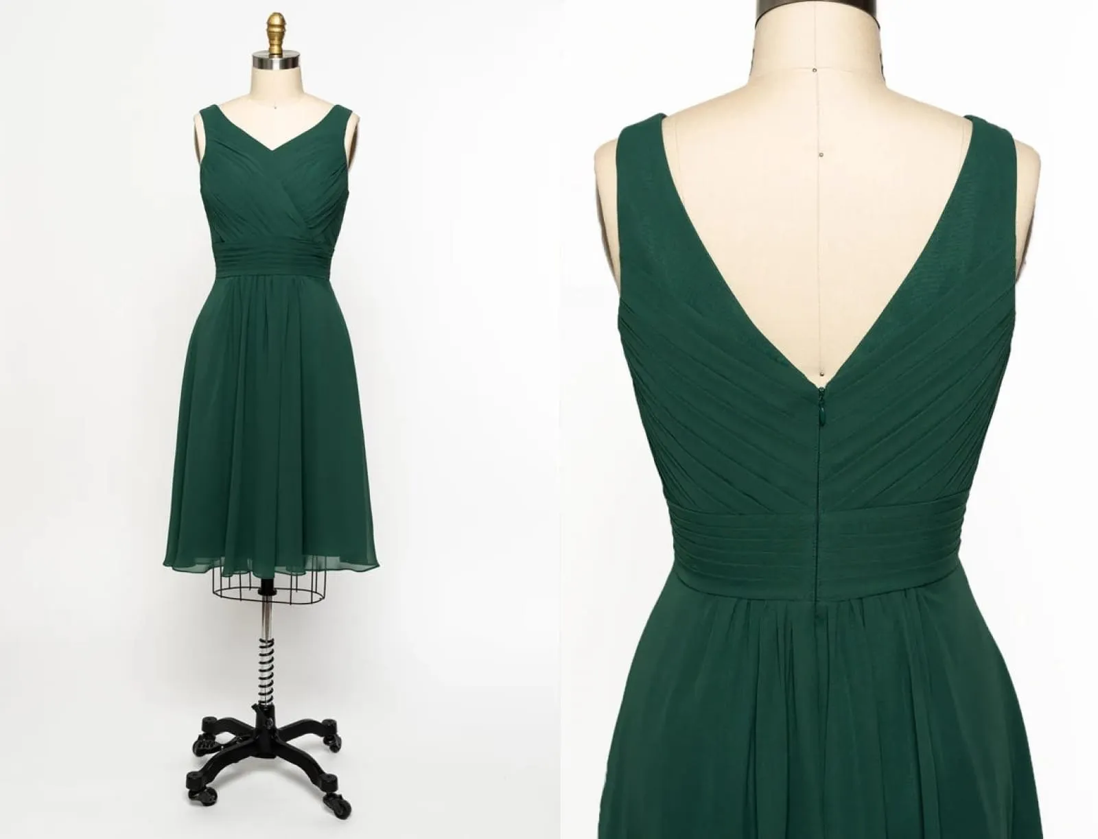 Sleeveless V Back Ruched Green Chiffon Tank Short Bridesmaid Dress