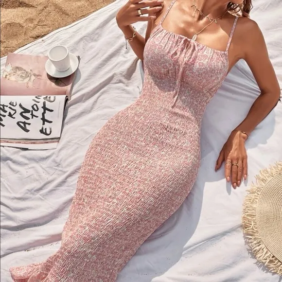 Smocked floral dress ruffle mermaid womens pink white
