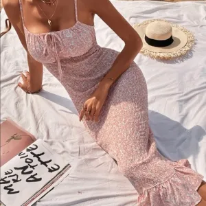 Smocked floral dress ruffle mermaid womens pink white
