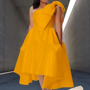 Solid Bowknot Decoration One Shoulder Party Dress