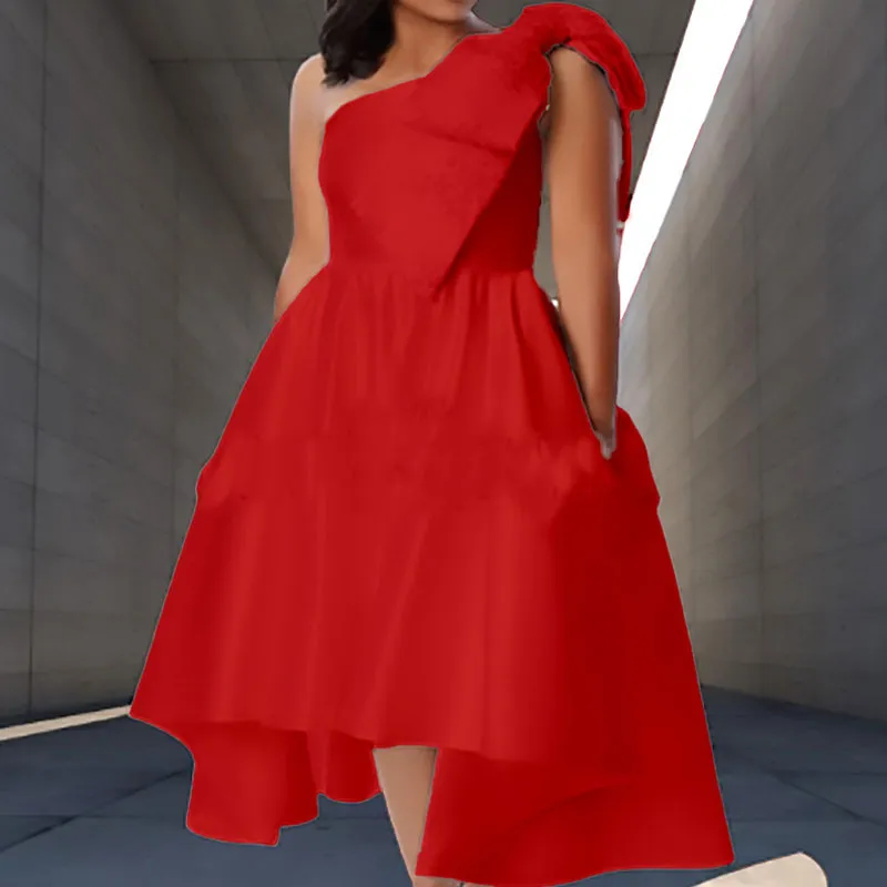 Solid Bowknot Decoration One Shoulder Party Dress