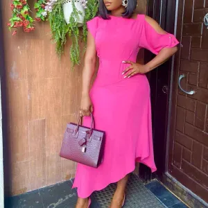 Solid Cold Shoulder Short Sleeve Asymmetrical Dress
