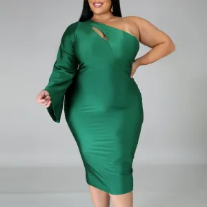 Solid One Shoulder Cut Out Plus Size Bodycon Dress