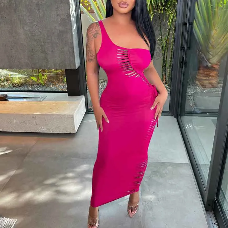 Solid One Shoulder Sleeveless Cut Out Maxi Dress
