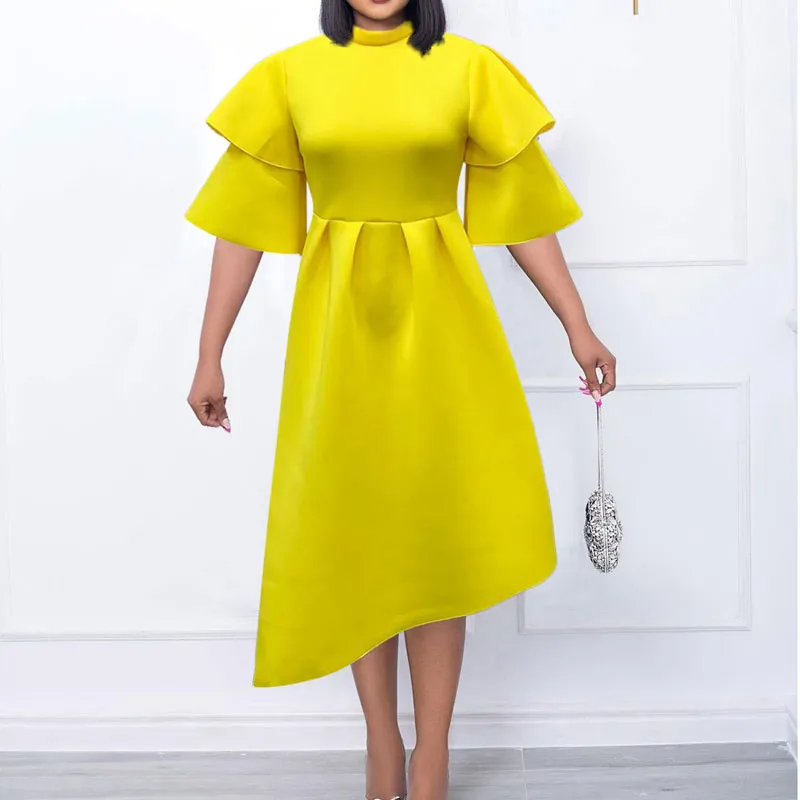 Solid Ruffles Layered Sleeve Asymmetrical Midi Dress