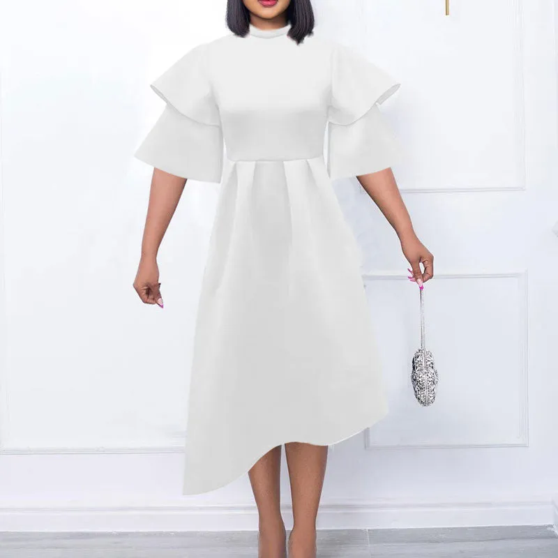 Solid Ruffles Layered Sleeve Asymmetrical Midi Dress