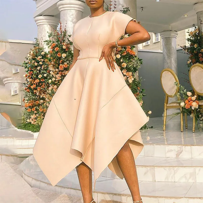 Solid Short Sleeve Big Swing Asymmetrical Dress