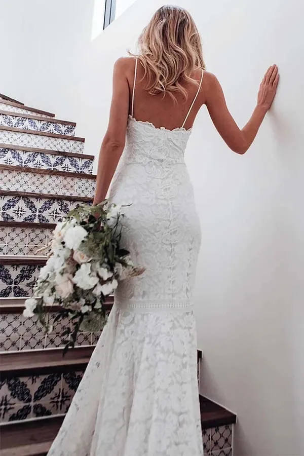 Spaghetti Straps Mermaid All Over Lace Sleeveless White Wedding Dress,MW354