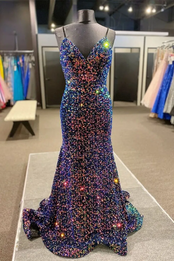 Spaghetti Straps Mermaid Sequins Long Prom Dress