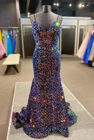 Spaghetti Straps Mermaid Sequins Long Prom Dress