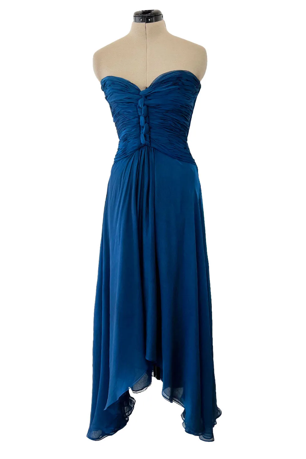 Spring 1990 Oscar De La Renta Deep Sapphire Blue Silk Chiffon Strapless Dress
