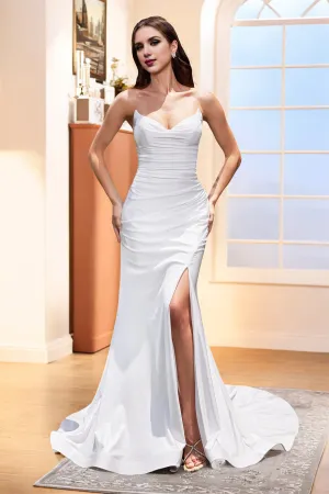 Strapless Sleeveless Mermaid Stretch Satin Long Wedding Dress