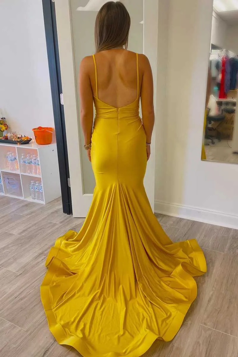 Straps Mermaid Mustard Yellow Pleated Long Prom Dress