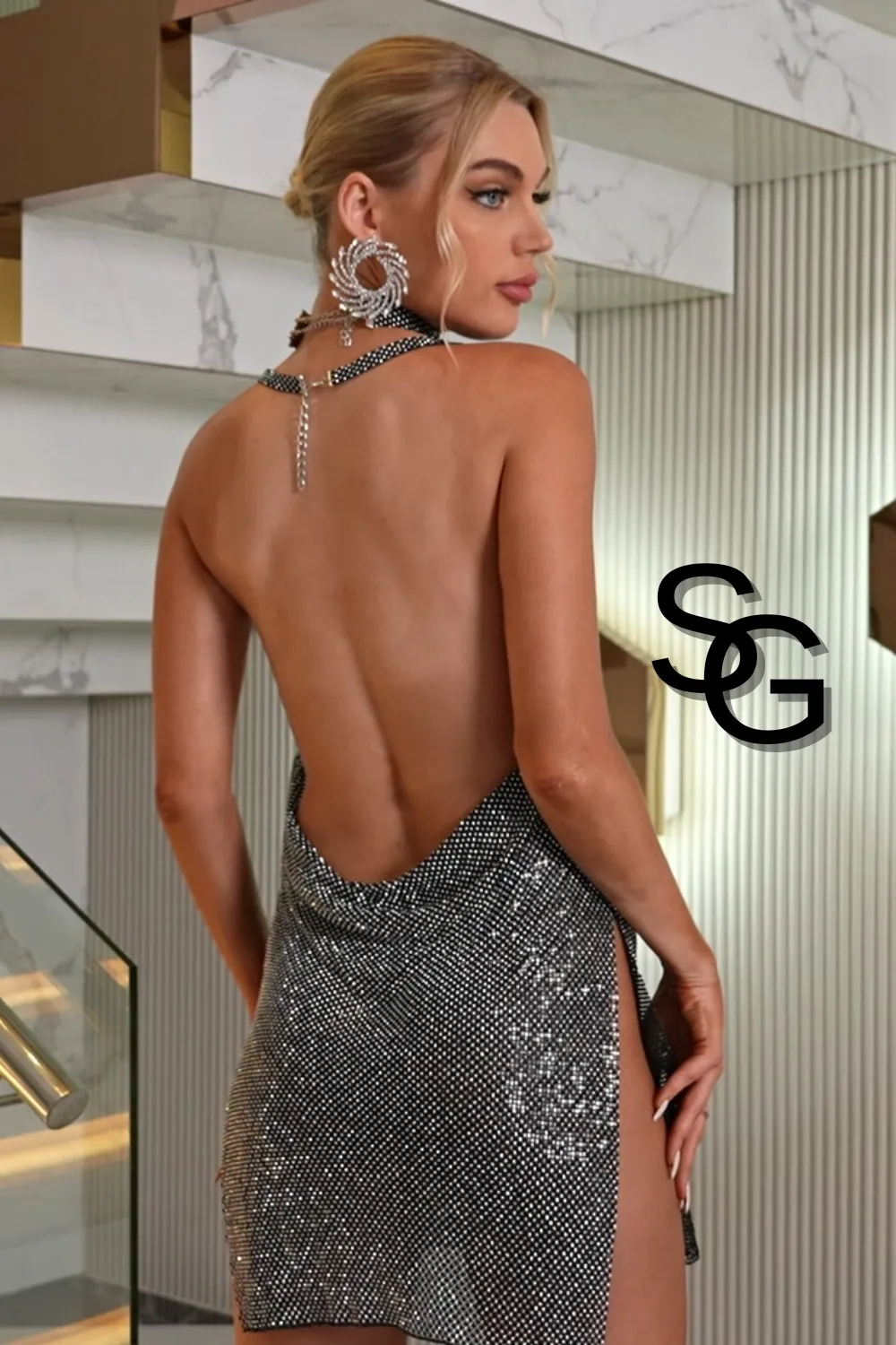 Super Sparkle -Black Halter Neck Backless Dress