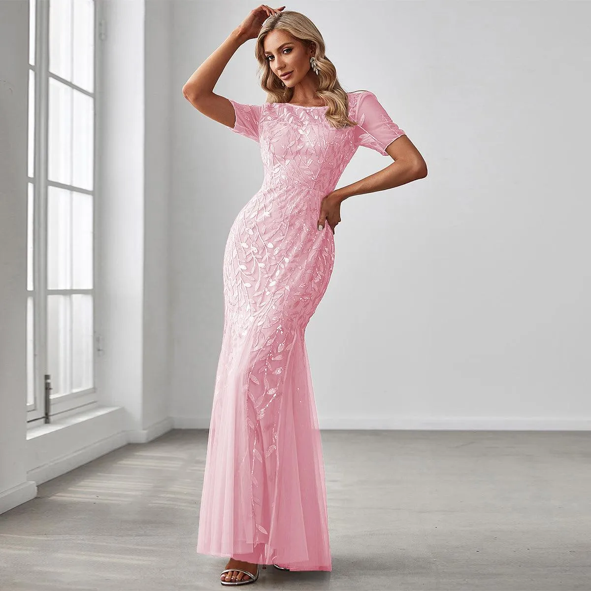 Taille personnalisée robes Longues Sirène en Tulle à Imprimé Floral et Paillettes