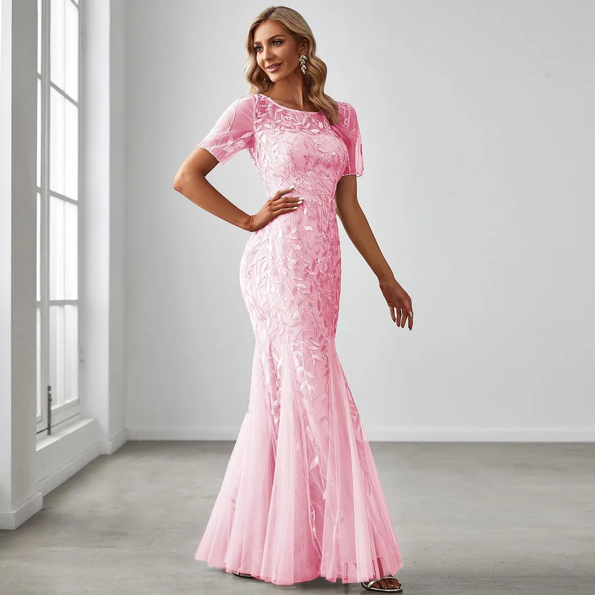 Taille personnalisée robes Longues Sirène en Tulle à Imprimé Floral et Paillettes