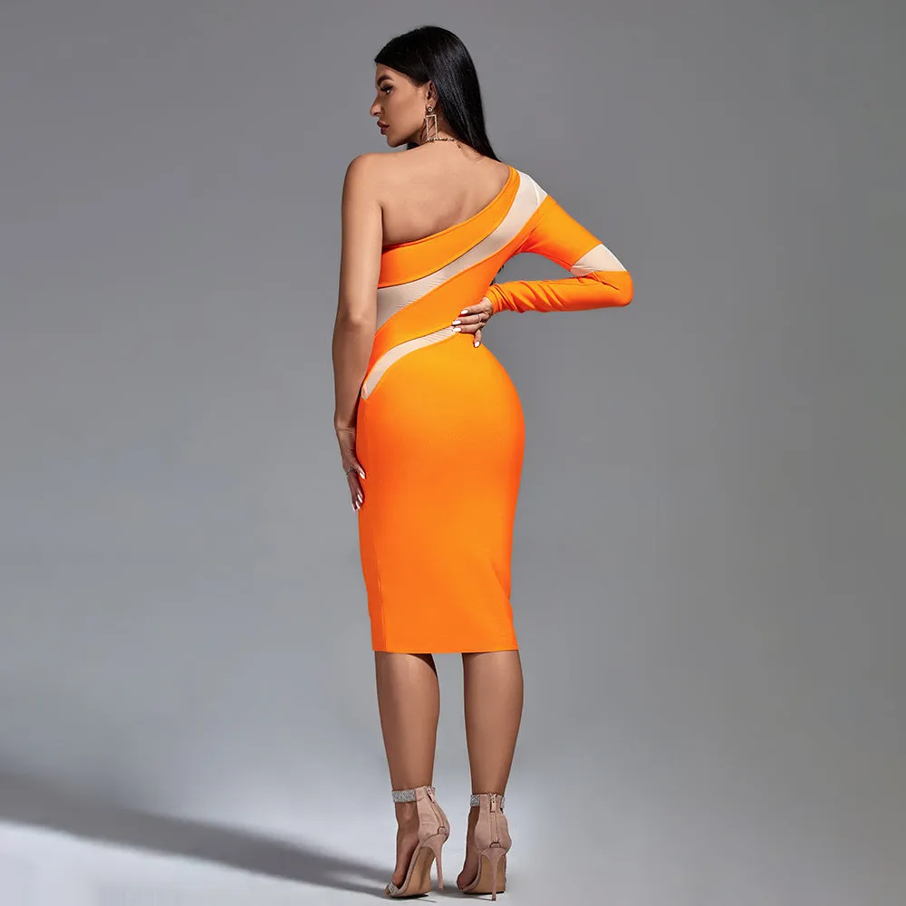 Tangerine Asymmetrical Mesh Bandage Dress
