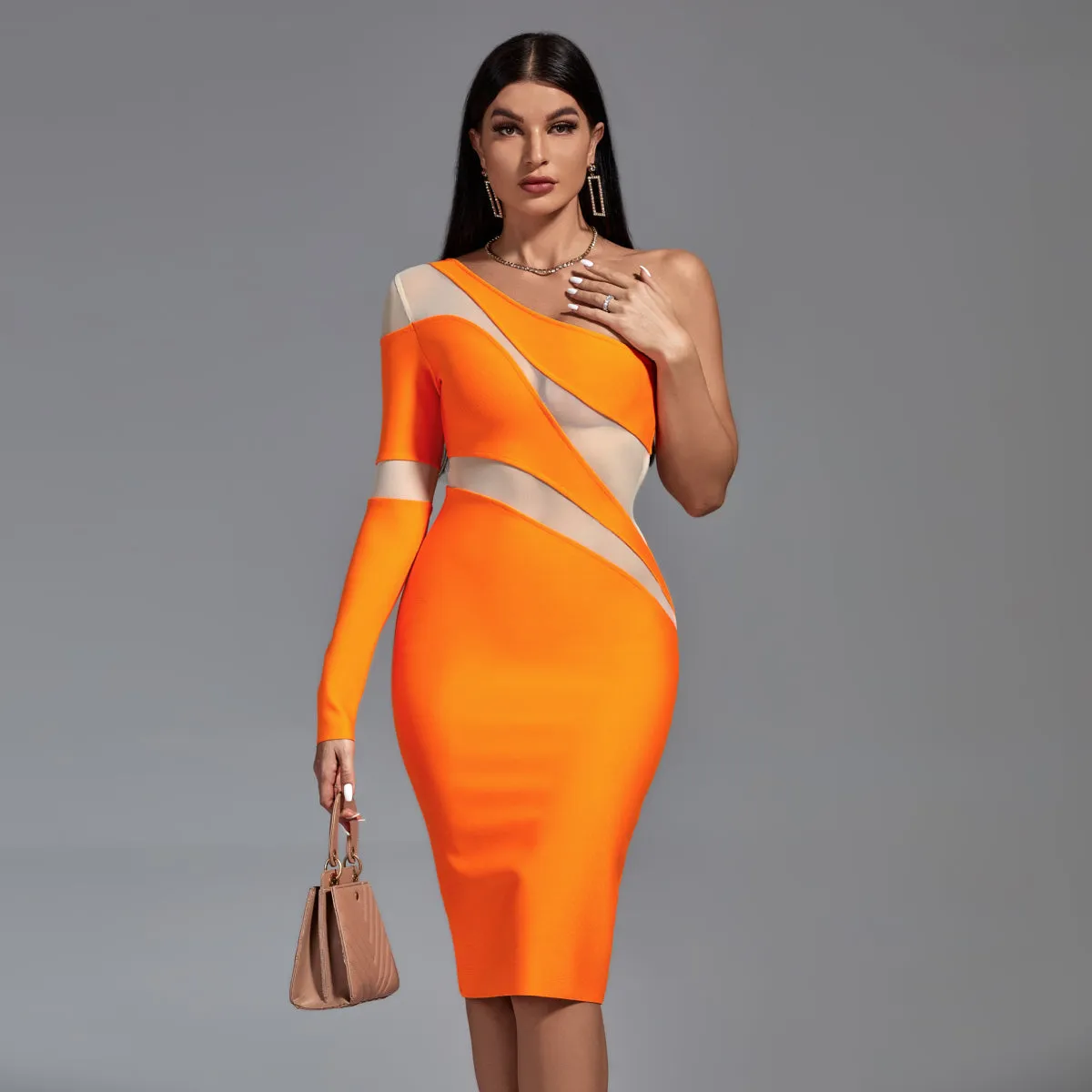 Tangerine Asymmetrical Mesh Bandage Dress