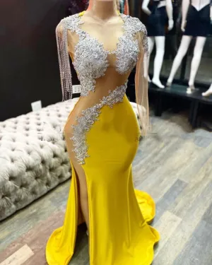 tassel beaded evening dresses for women 2021 vestidos formals mermaid yellow beaded lace sexy formal gown 2022