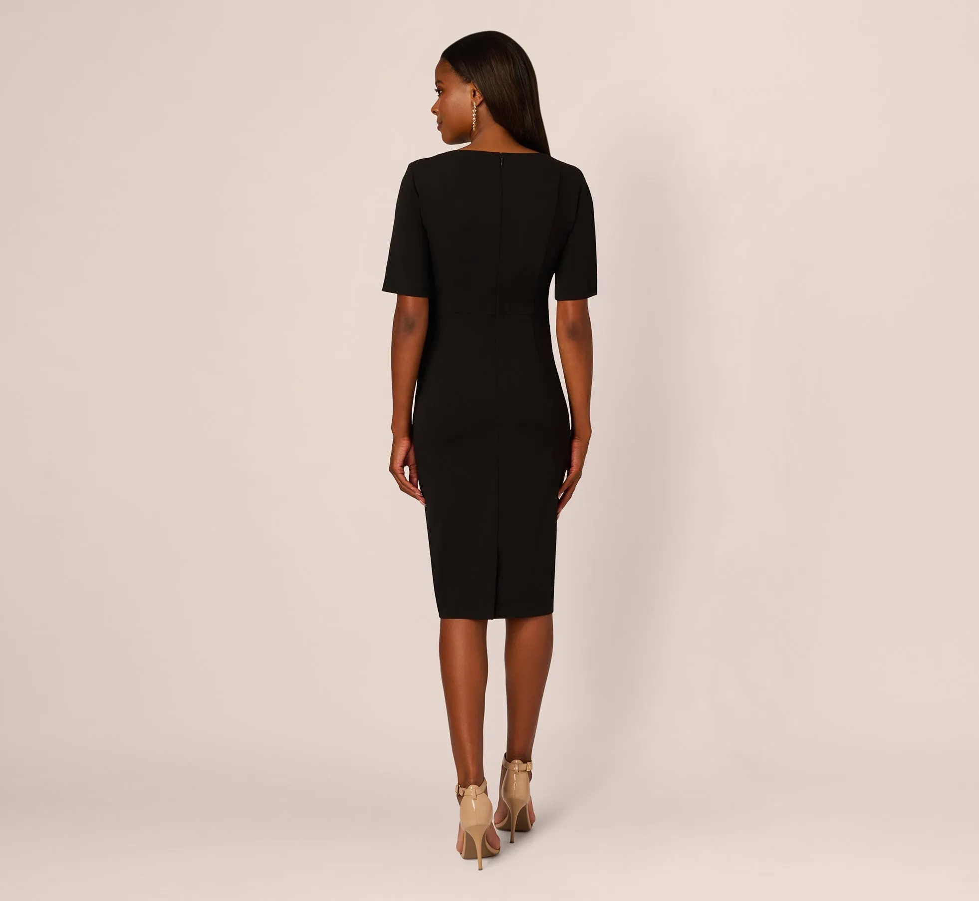 Three Quarter Sleeve Trapeze Dress With Ruffle Mock Neck In Black