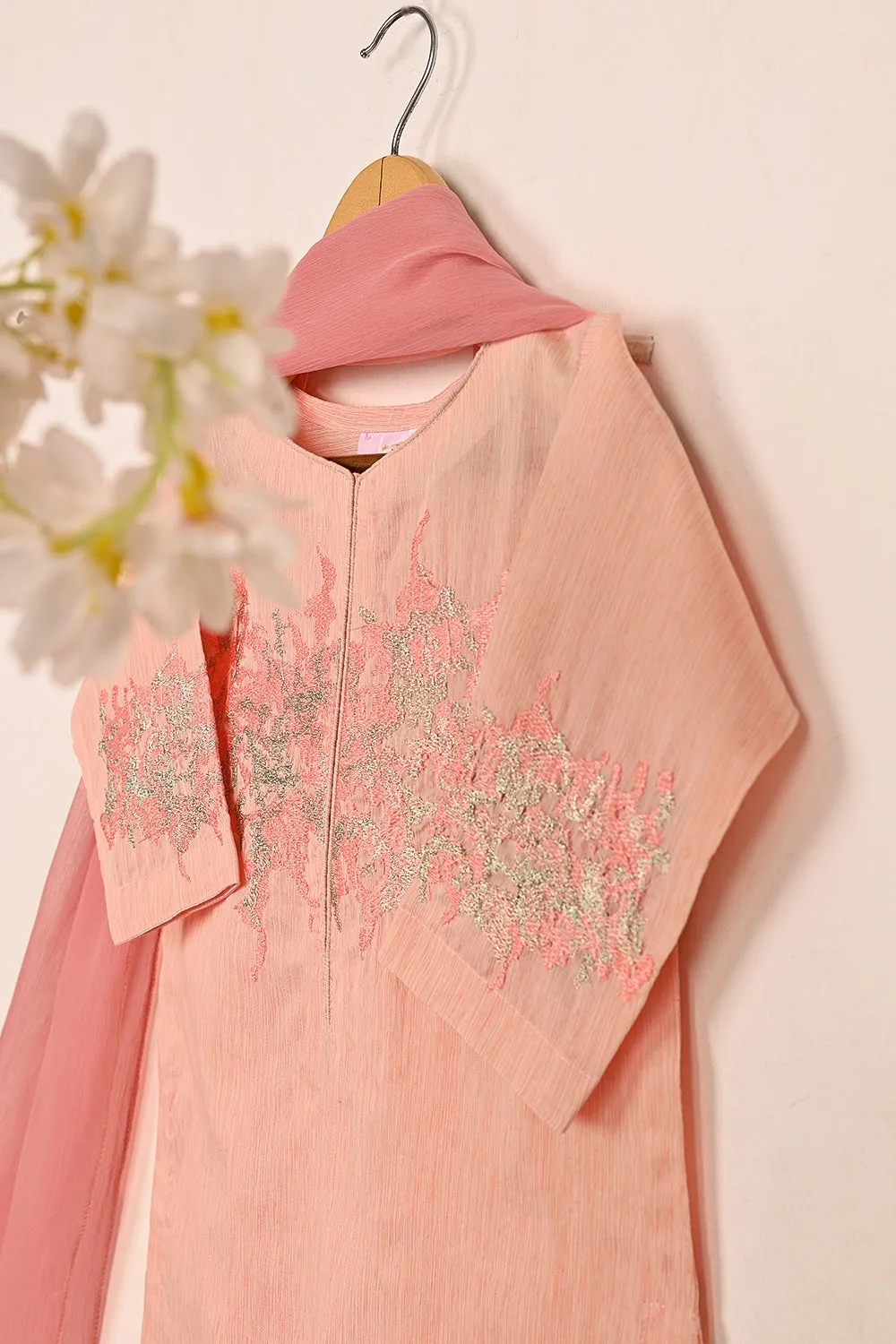 TKF-169-Peachy Pink - Kids 3Pc Paper Cotton Embroidered Shirt