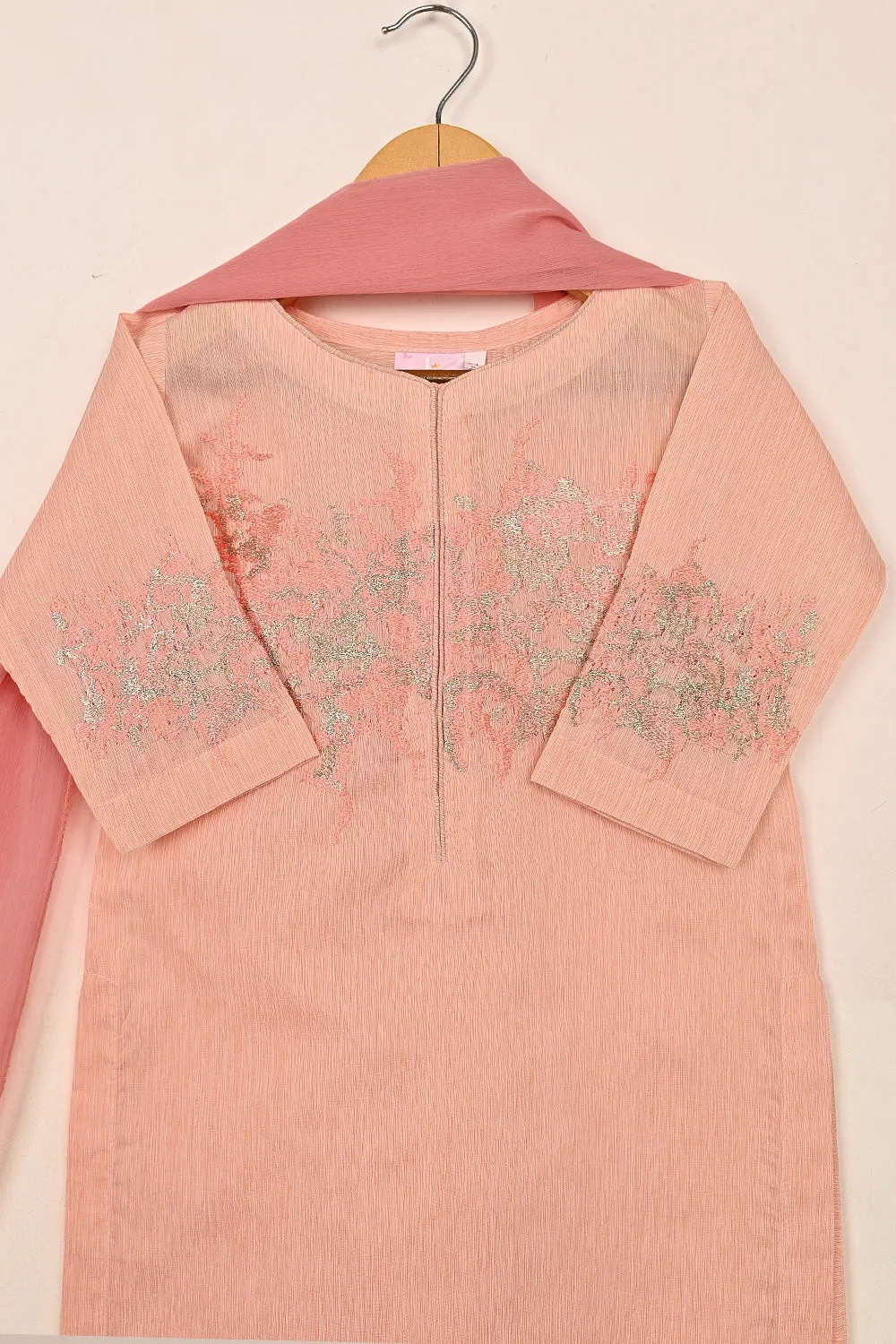 TKF-169-Peachy Pink - Kids 3Pc Paper Cotton Embroidered Shirt