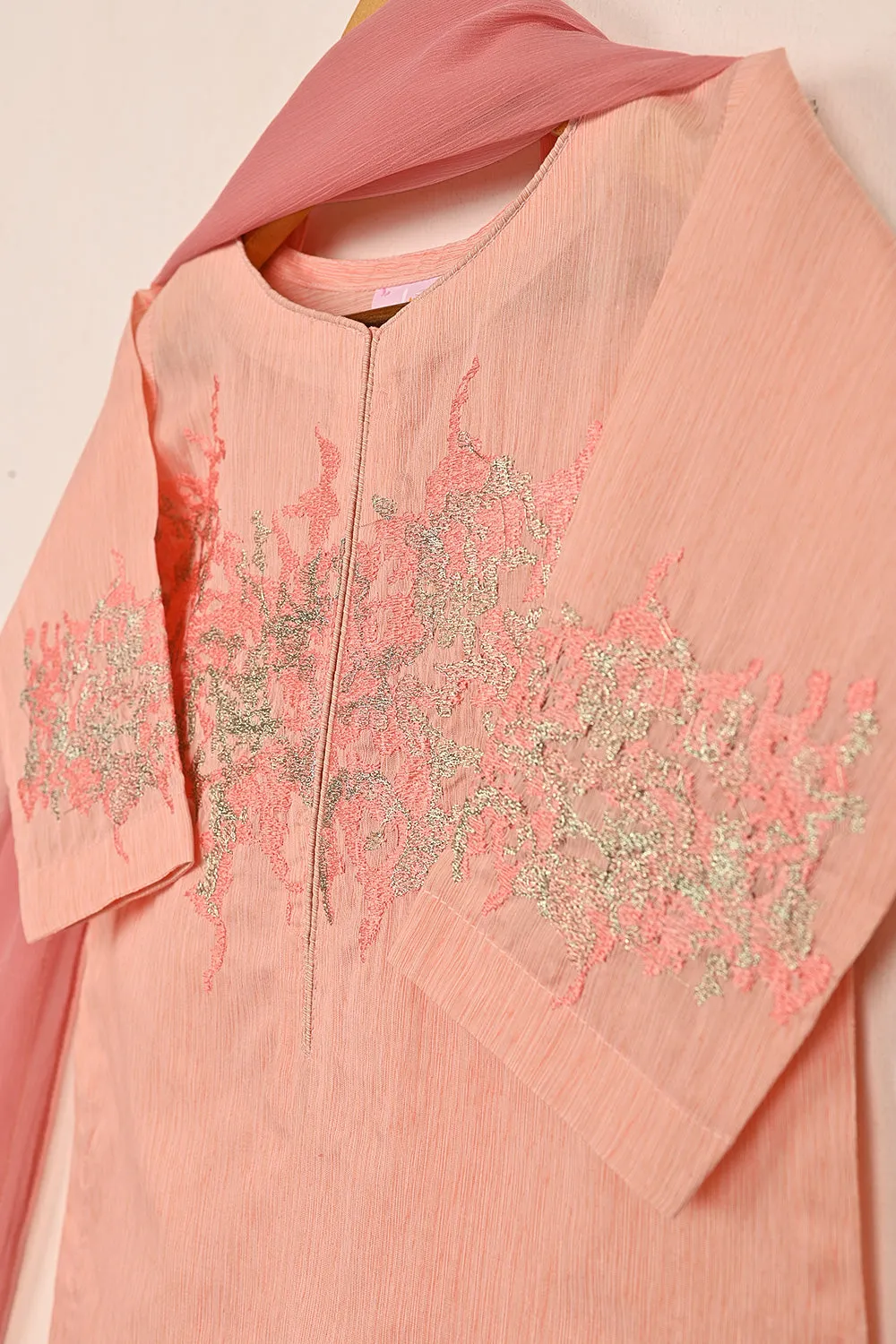 TKF-169-Peachy Pink - Kids 3Pc Paper Cotton Embroidered Shirt