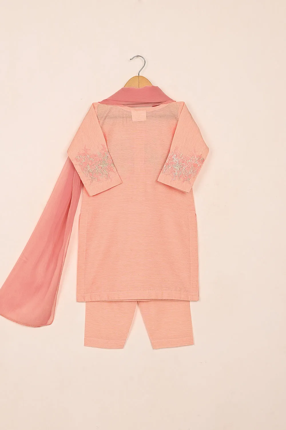 TKF-169-Peachy Pink - Kids 3Pc Paper Cotton Embroidered Shirt