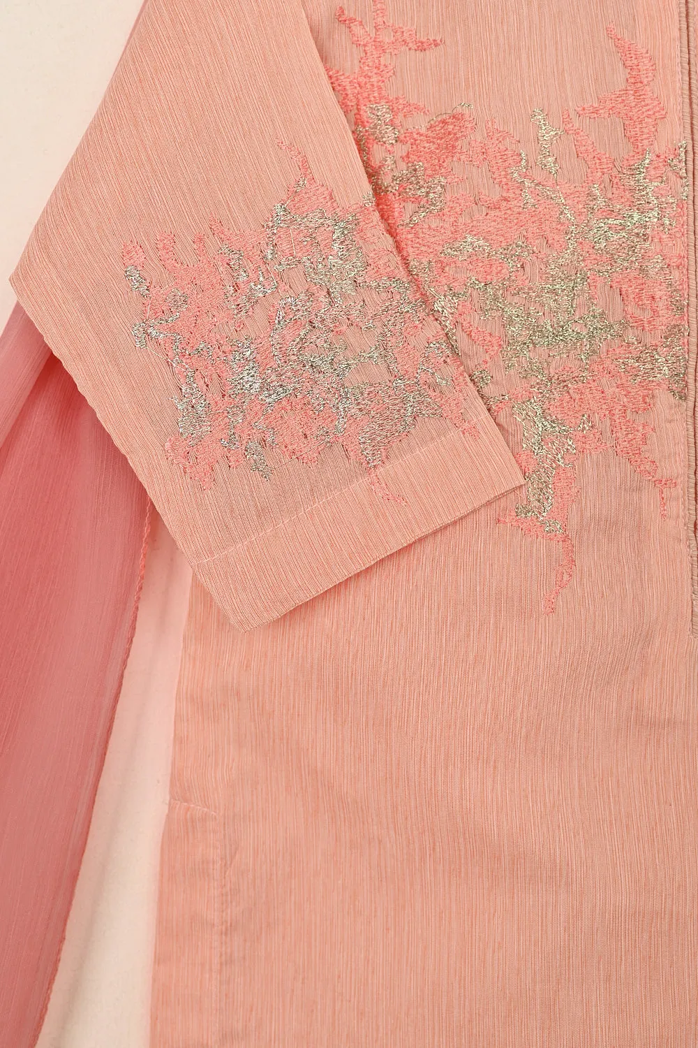 TKF-169-Peachy Pink - Kids 3Pc Paper Cotton Embroidered Shirt