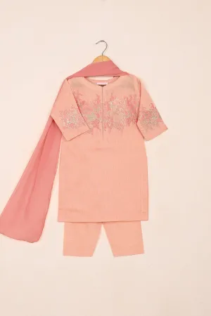 TKF-169-Peachy Pink - Kids 3Pc Paper Cotton Embroidered Shirt