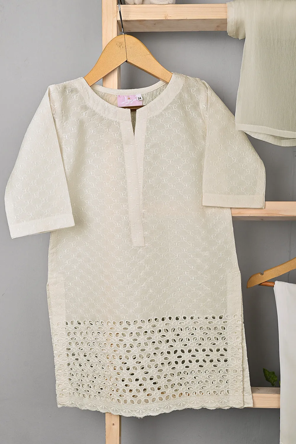 TKF-318-Off White- Kids 3Pc Ready to Wear Cotton Schiffli Dress