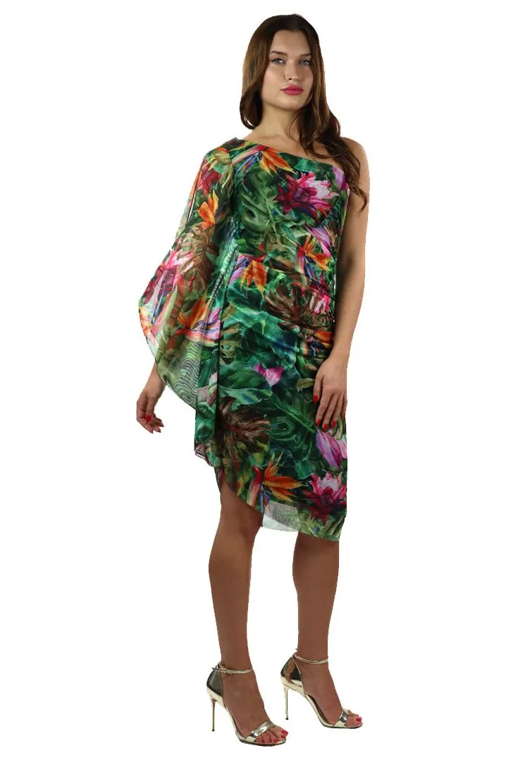 TROPICANA One Shoulder Angel Sleeve Asymmetrical Hem Dress