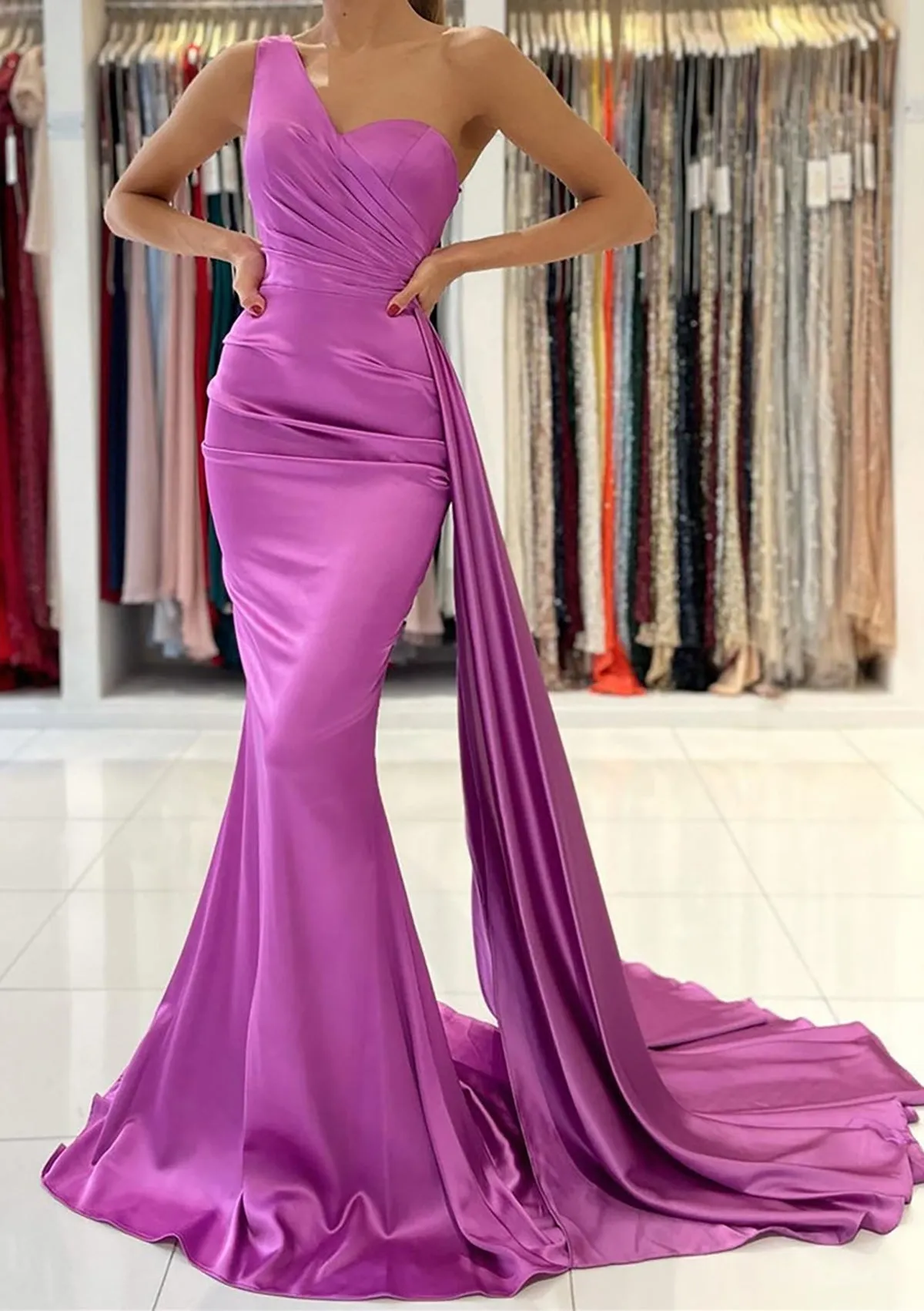 Trumpet One-Shoulder Sleeveless Sweep Train Satin Long Prom Dress, Pleated Draping