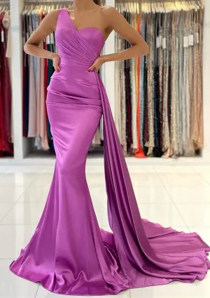 Trumpet One-Shoulder Sleeveless Sweep Train Satin Long Prom Dress, Pleated Draping