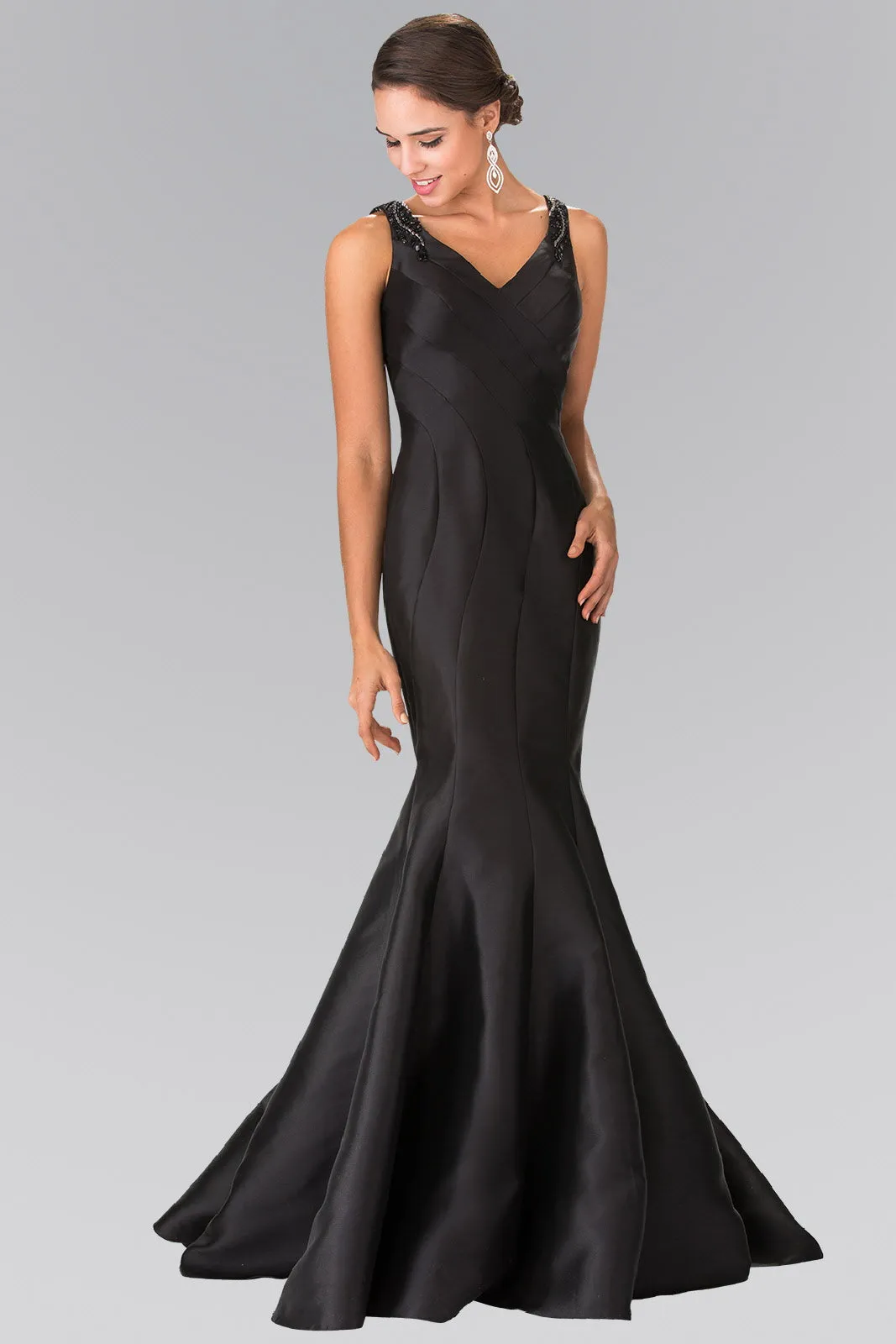 Trumpet Style Mikado Long Dress Accented with Beads on Straps