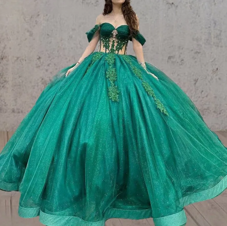 Tulle Sweetheart Green Off-the-Shoulder Ball Gown with Rhinstones