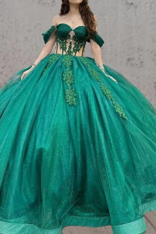 Tulle Sweetheart Green Off-the-Shoulder Ball Gown with Rhinstones