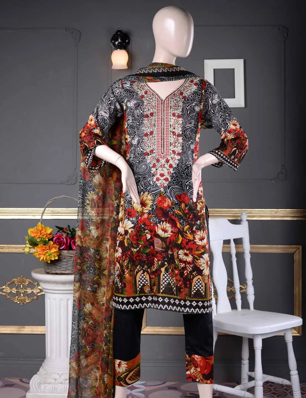 Un-stitched Embroidered Lawn (AQ-2B) Floral Aura