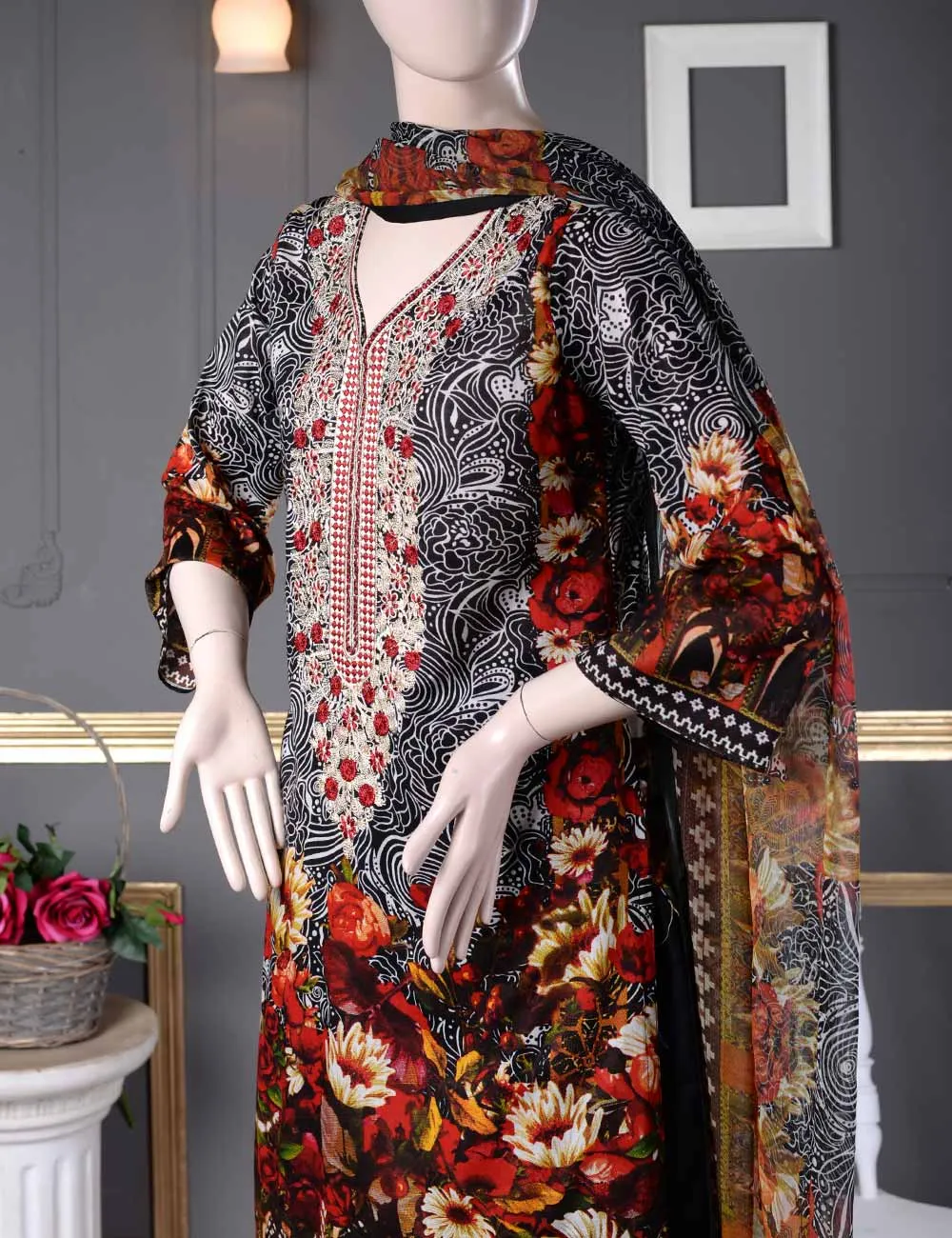 Un-stitched Embroidered Lawn (AQ-2B) Floral Aura