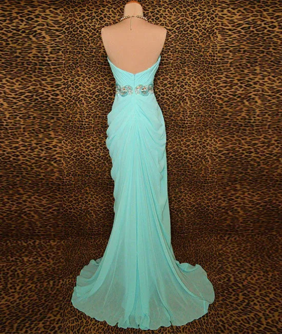 Unique blue chiffon beads long prom dress, blue evening dress